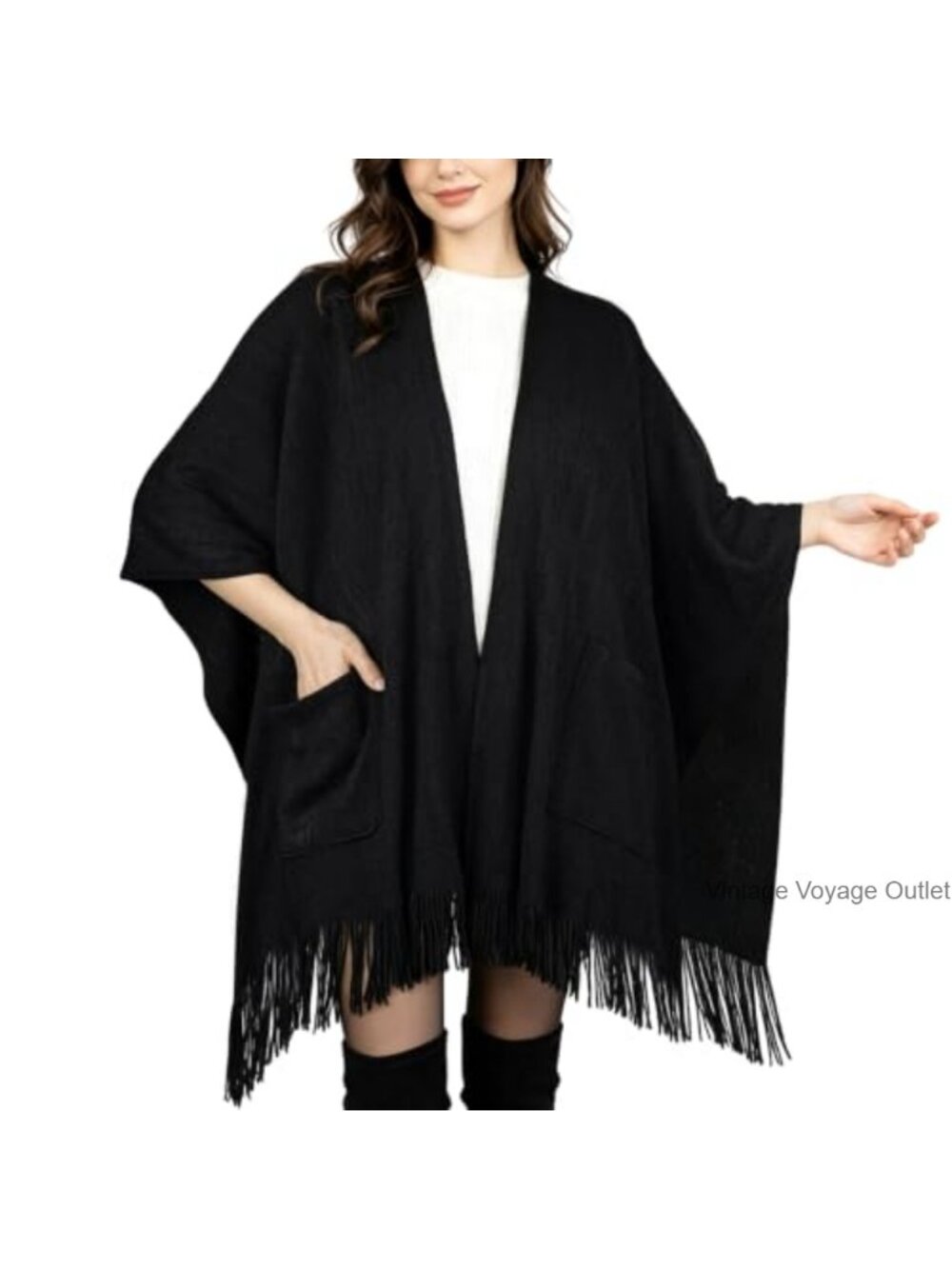 Knit Shawl Wrap Open Front Poncho Scarf Tassel One Size